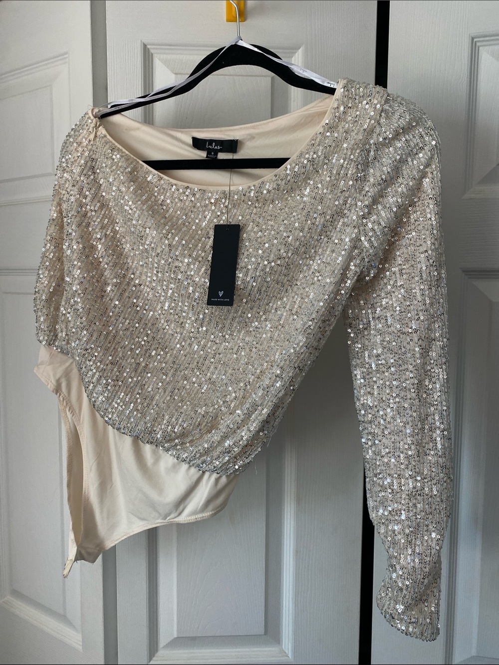Lulu's Champagne Sequin One-Shoulder Bodysuit